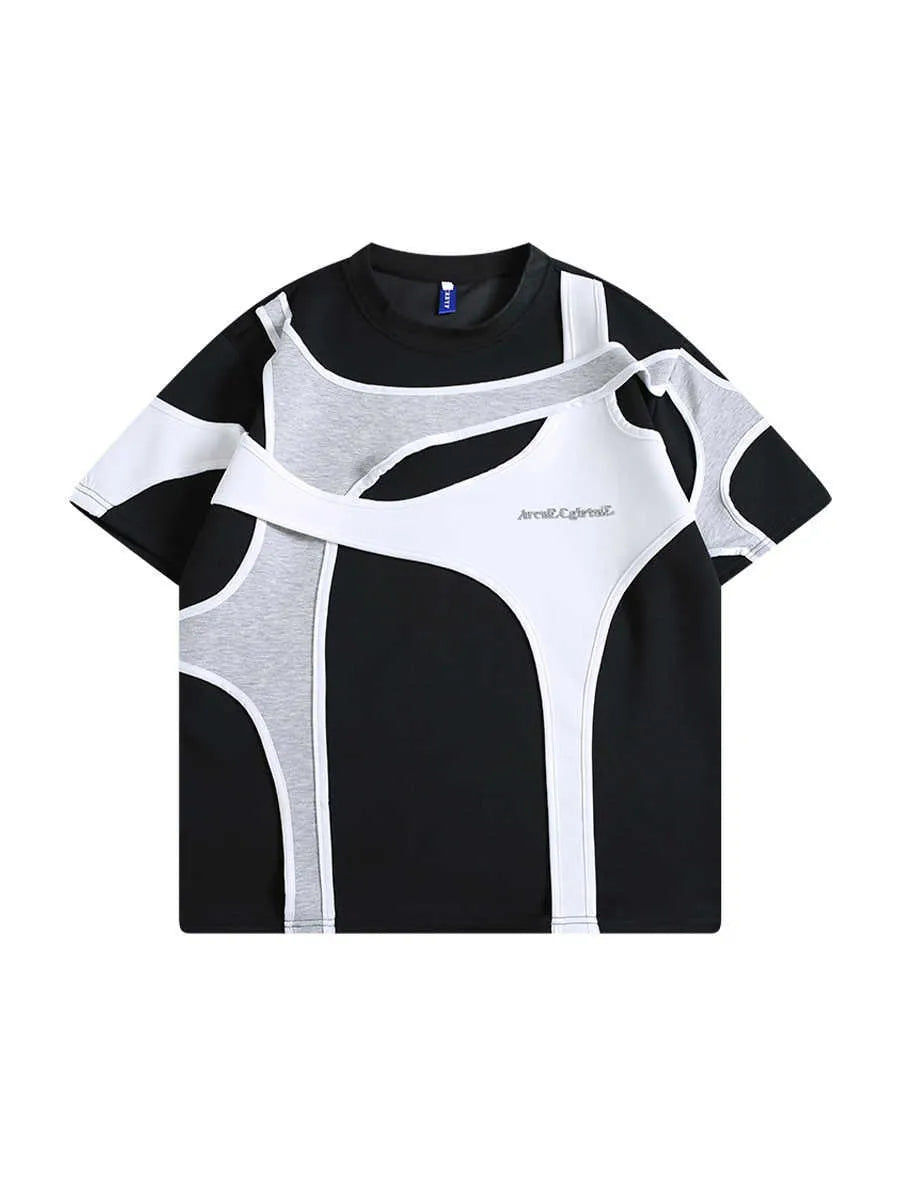 Black men's loose T-shirt with a padded shoulder strap detail and double stitching.