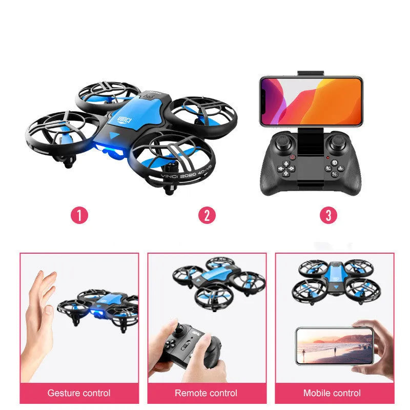 Blue V8 mini quadcopter RC drone with propellers, shown next to its remote control and storage net bag.