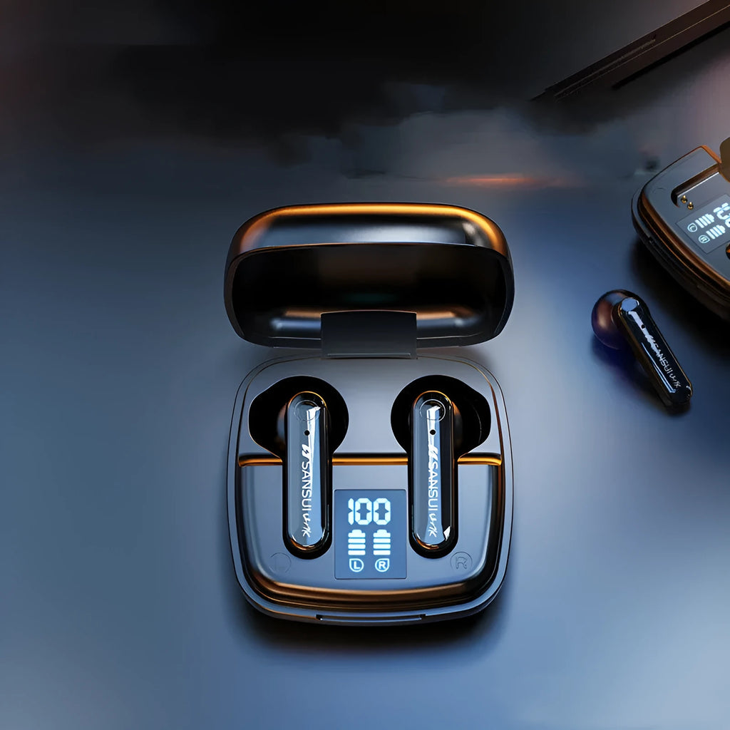 Dark night black and ivory white wireless Bluetooth earphones with semi-in-ear design and digital battery display