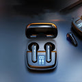 Dark night black and ivory white wireless Bluetooth earphones with semi-in-ear design and digital battery display