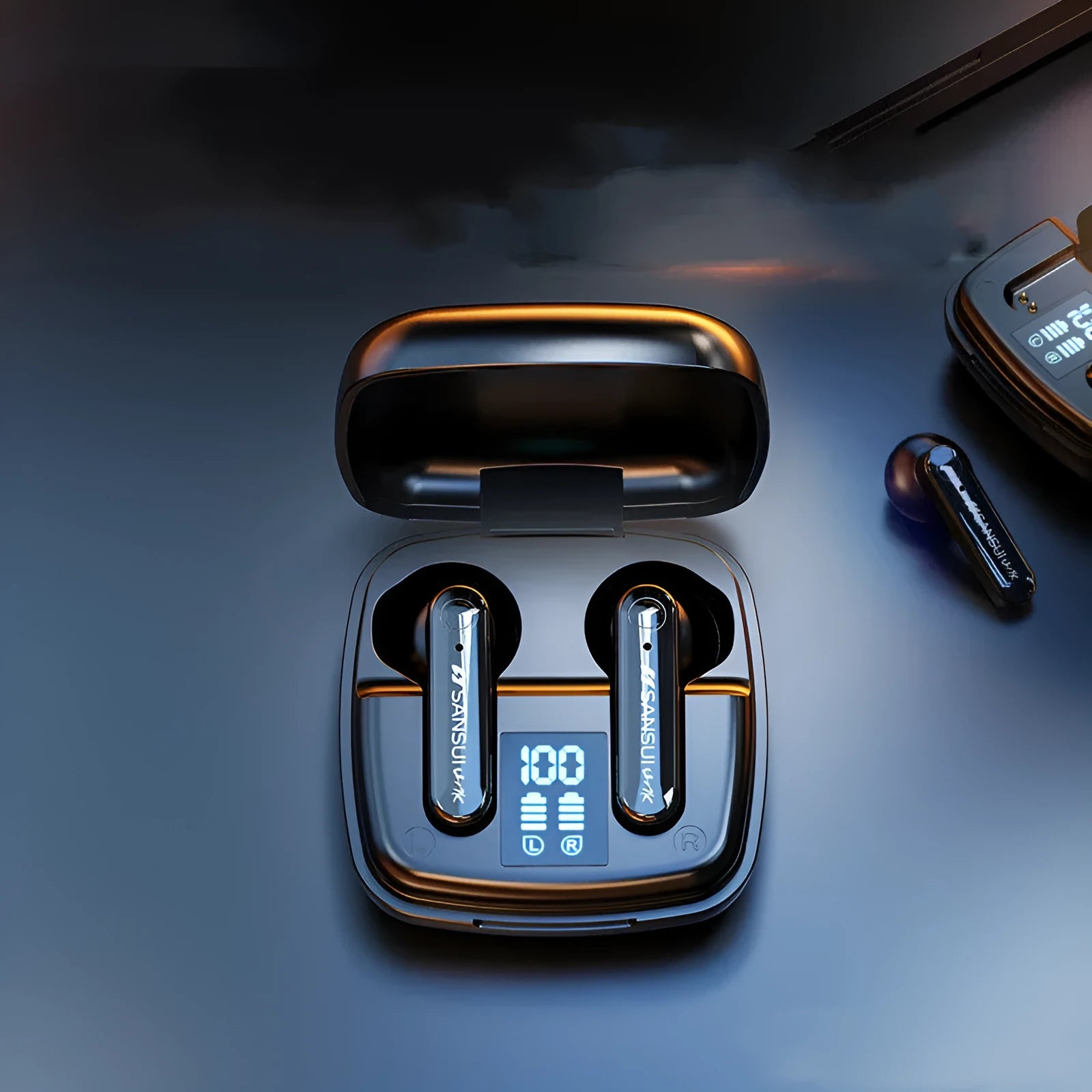 Dark night black and ivory white wireless Bluetooth earphones with semi-in-ear design and digital battery display