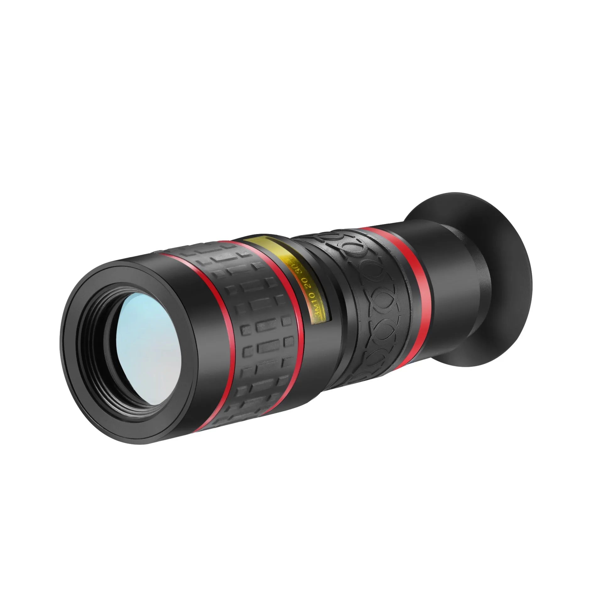 20x magnification mobile phone telescope lens with universal mounting clip and single eye mask.