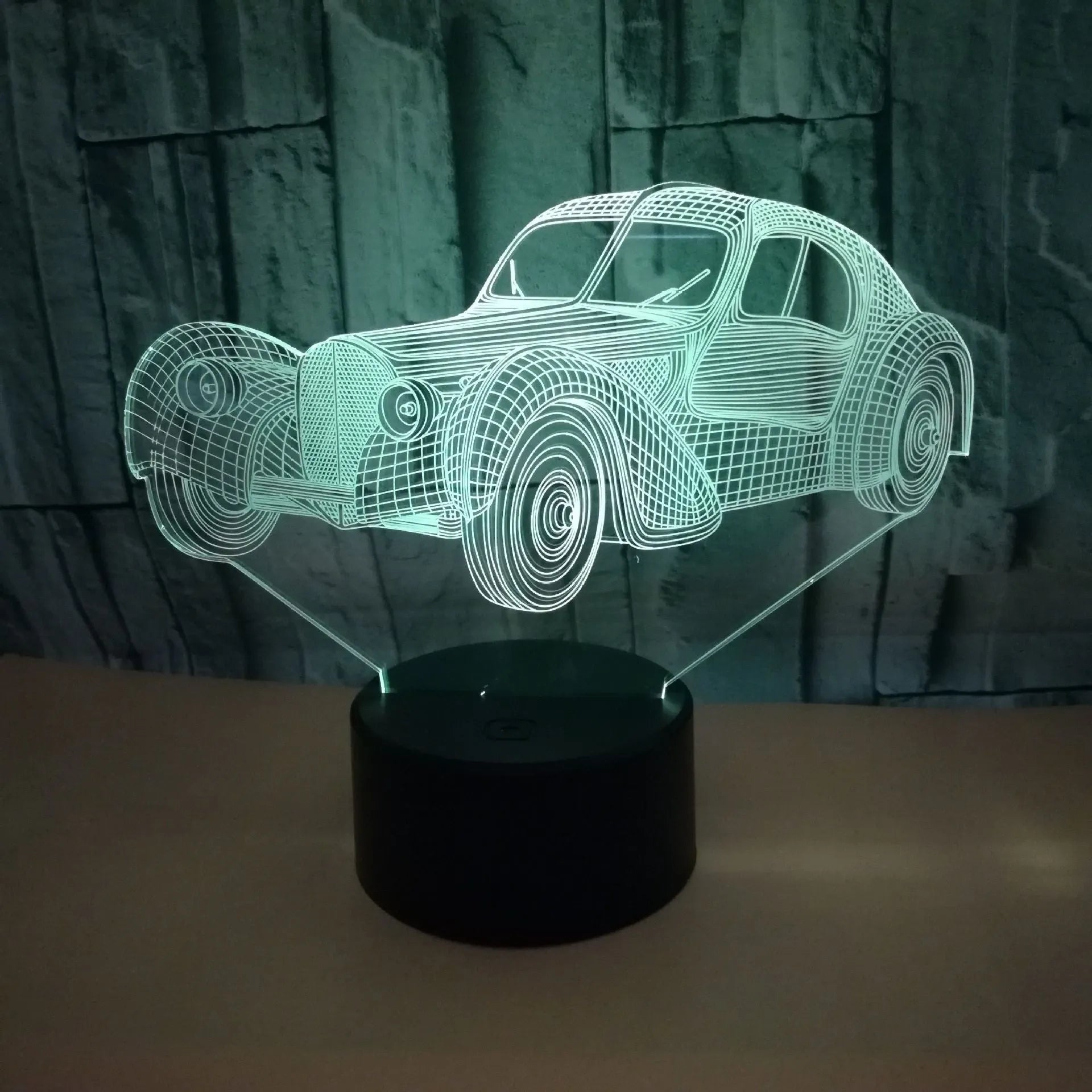 Classic car USB 3D night light with acrylic panel, ABS base, and remote control showing seven colour options