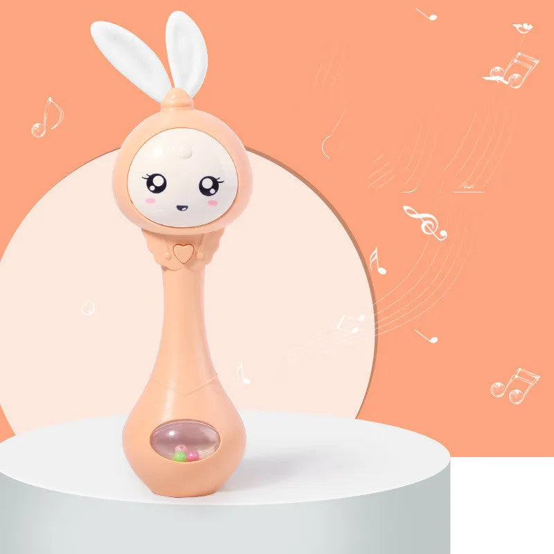 Baby musical rattle stick chewable teether toy in light blue, mint green, orange, or pink.
