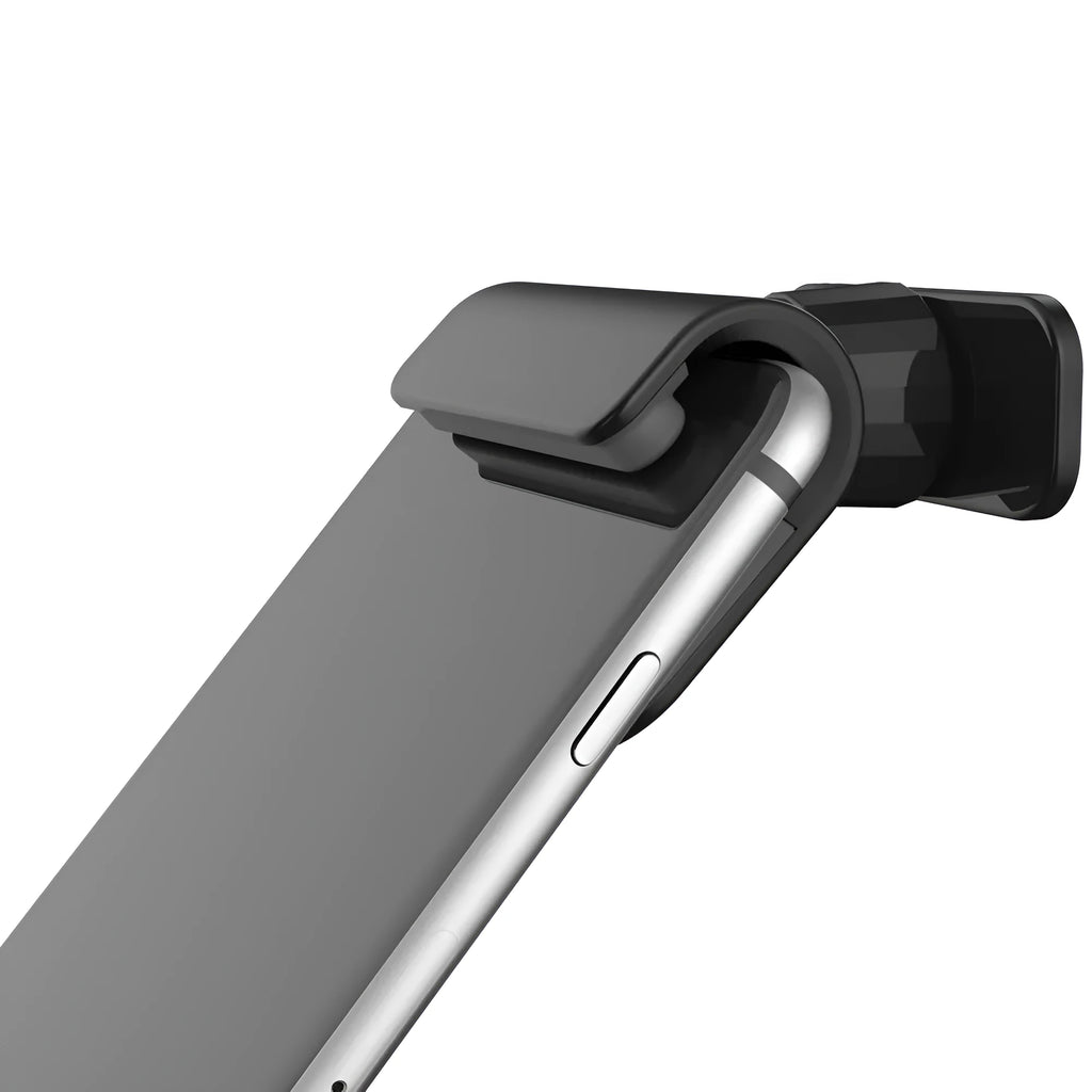Black universal car phone holder mounted on dashboard with phone inserted showing 360-degree rotation