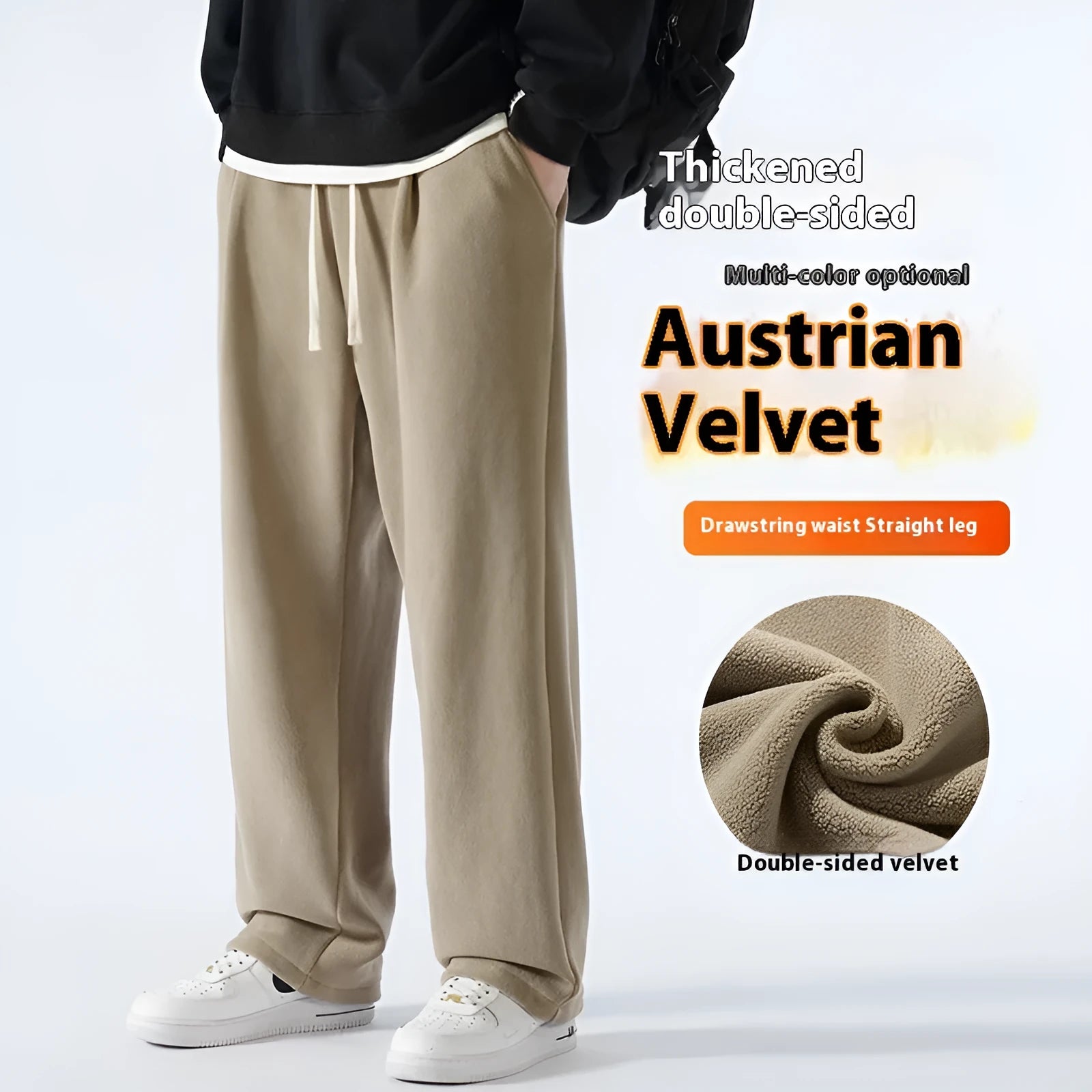 Men's apricot coloured loose-fit polar fleece winter sports pants with a drawstring waist.