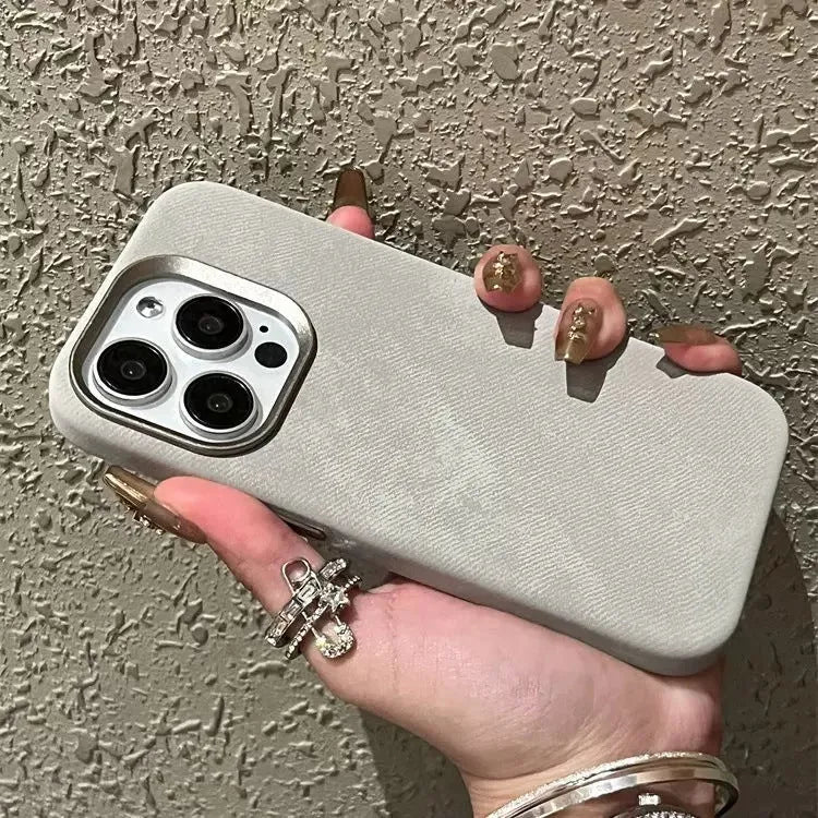 Magnetic leather flannel hard case for iPhone in silver grey colour showing velvet texture