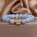 Sky blue aquamarine butterfly crystal bracelet with pearls and rhinestones, 17cm length