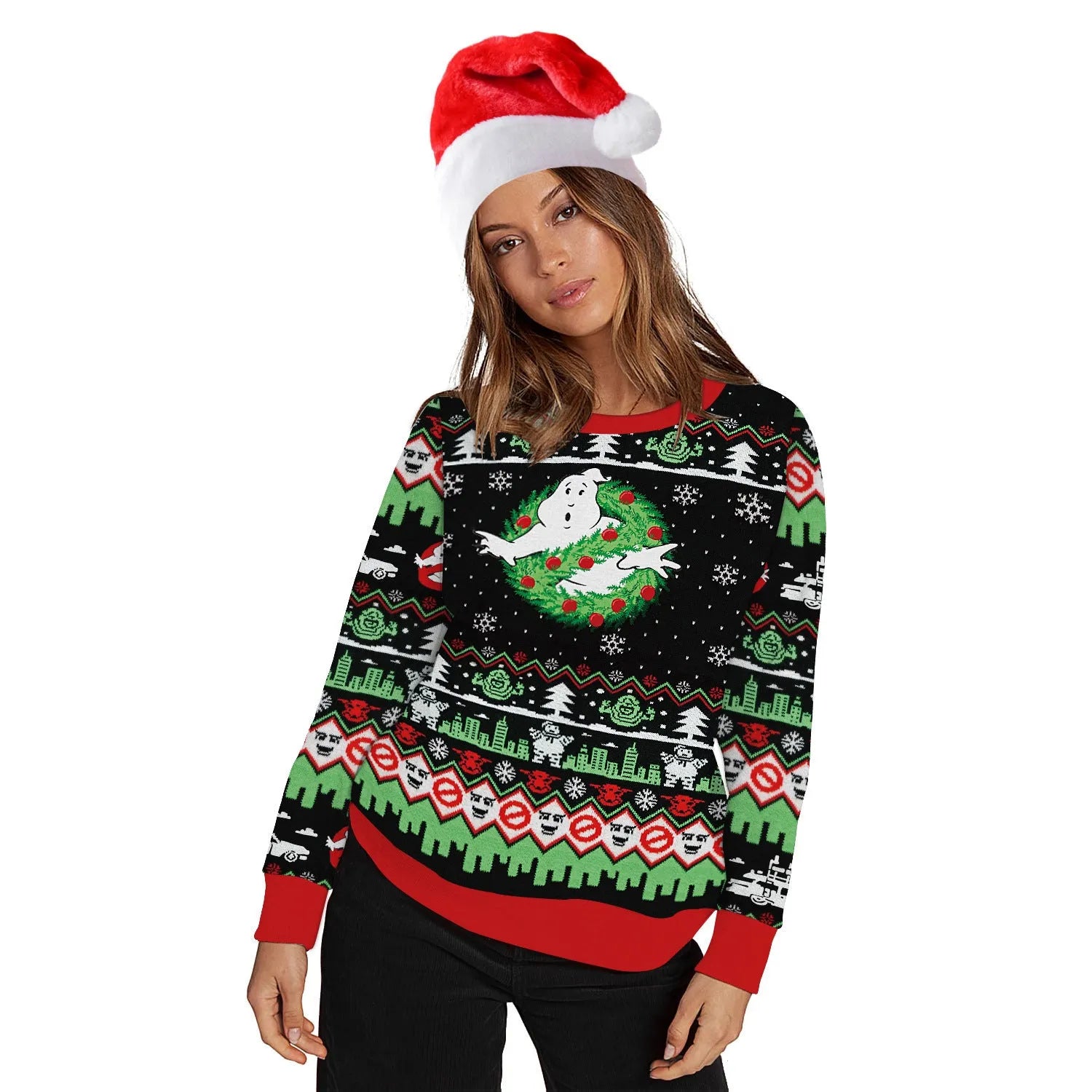 Christmas print sweater long sleeve polyester pullover in red and green pattern, front view