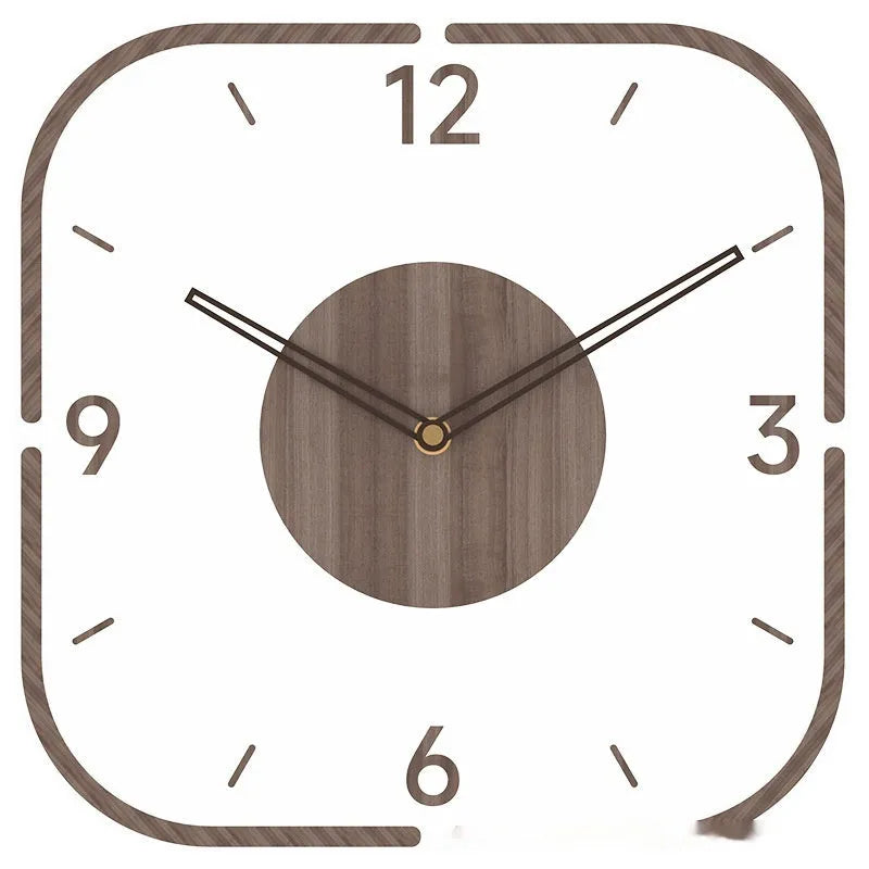 Transparent wooden frame wall clock with modern design showing 35cm square dimensions