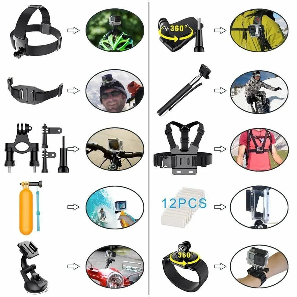 Black sports camera accessory kit with chest strap, head belt, car suction cup, and floating handle grip displayed on a white background