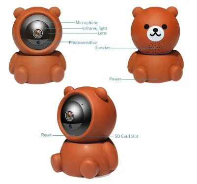 Bear 1080P WiFi indoor security camera with infrared LEDs for night vision on a white background