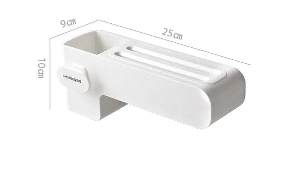 White plastic kitchen knife storage rack with compact dimensions on kitchen worktop
