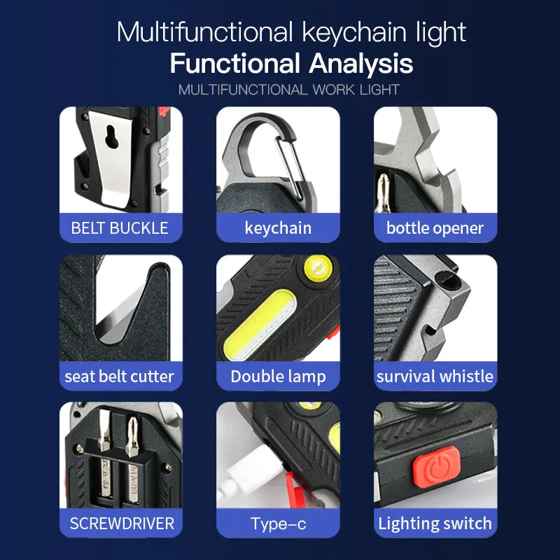 Multifunctional charging emergency light on keychain with COB LED, bottle opener, and screwdrivers
