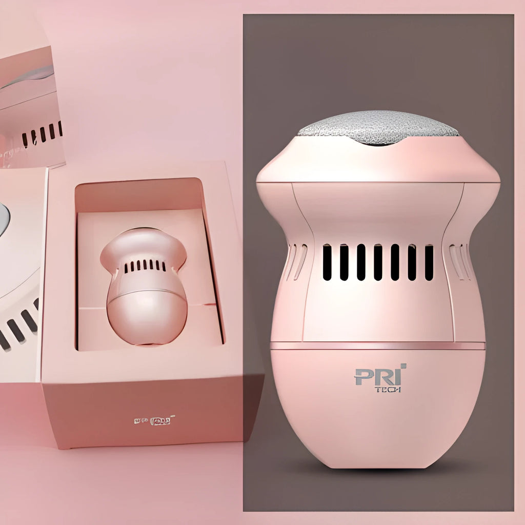 Beige electric foot file grinder with diamond grinding heads and USB charging cable