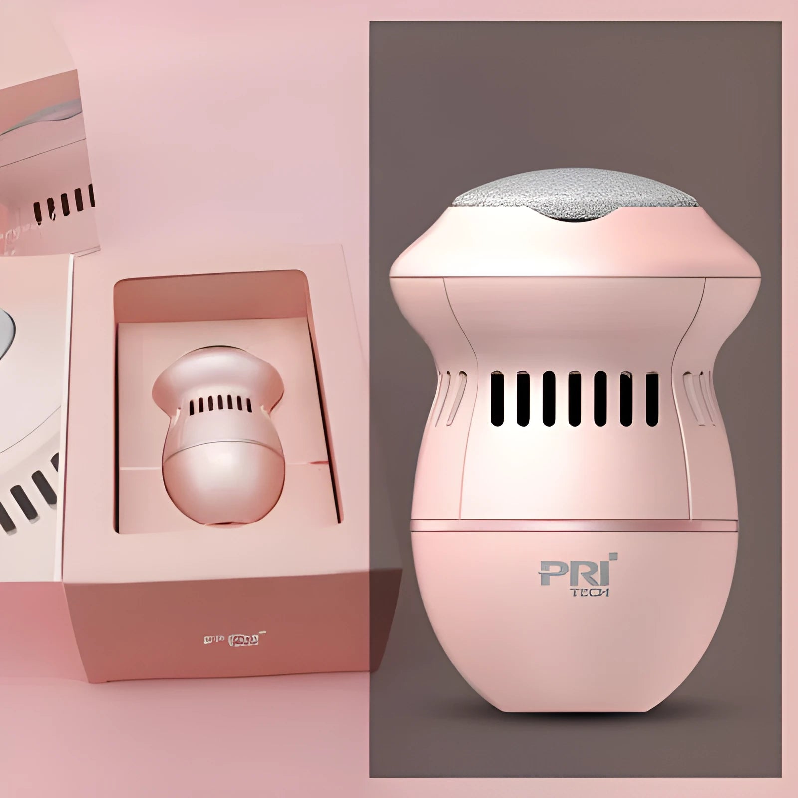 Beige electric foot file grinder with diamond grinding heads and USB charging cable