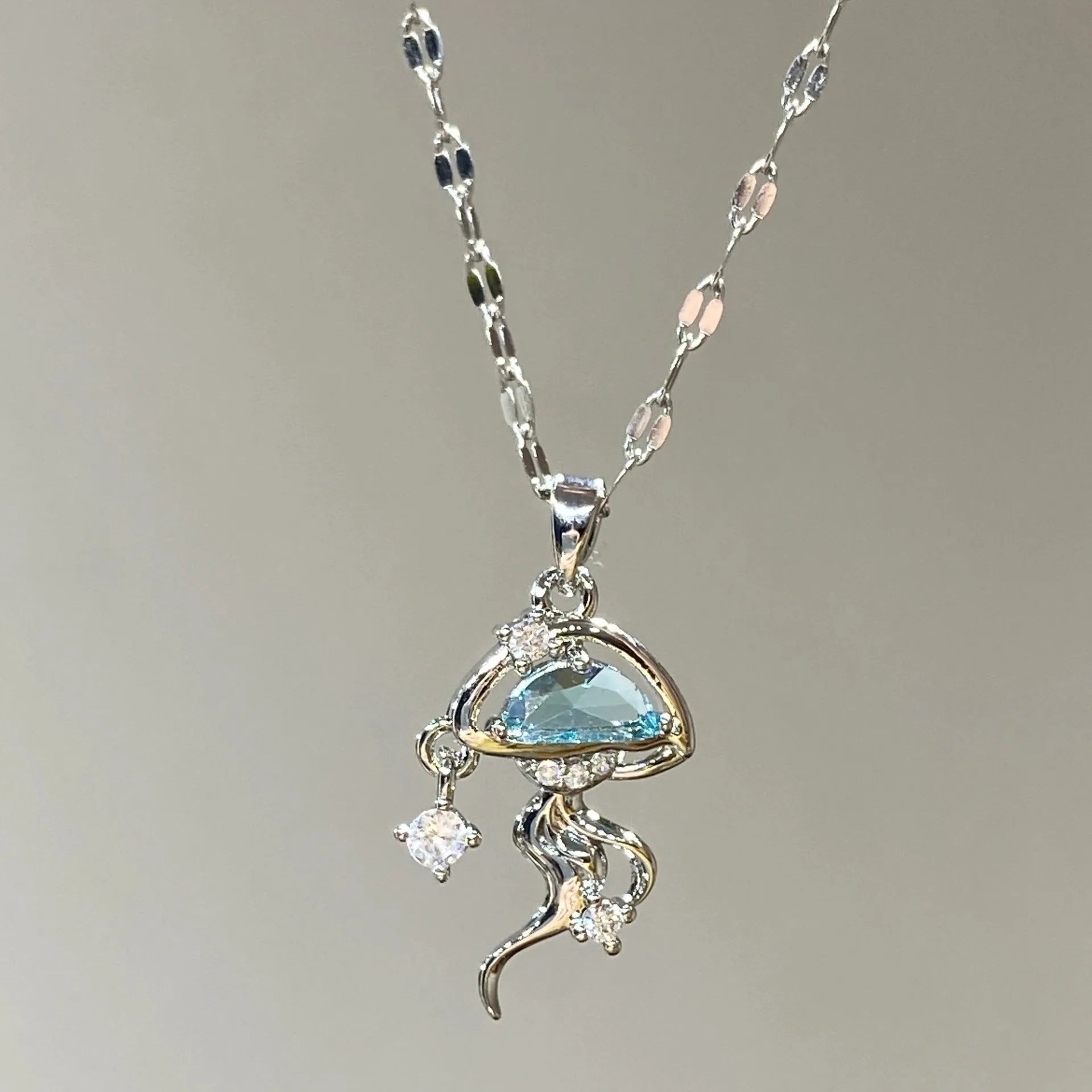 S925 sterling silver blue jellyfish necklace on adjustable chain with white gold colour finish