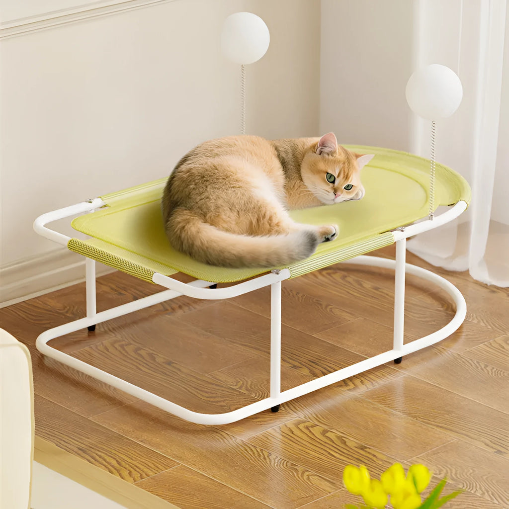 Grey metal frame cat kennel with a soft breathable fabric bed elevated off the floor.