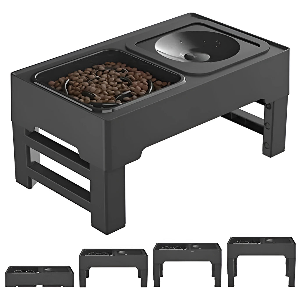 Adjustable height elevated dog feeding station with slow feeder bowl and water bowl on non-slip stand