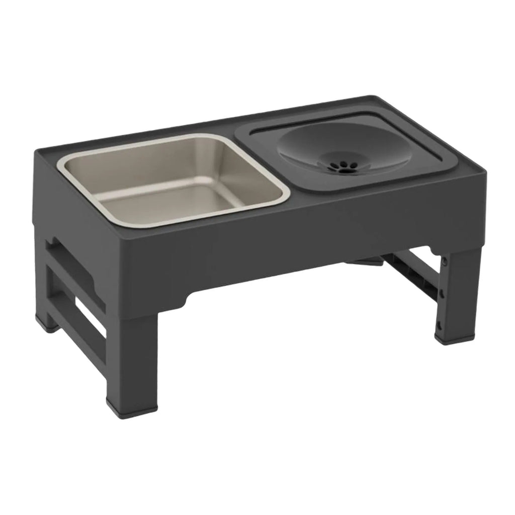 Adjustable height elevated dog feeding station with slow feeder bowl and water bowl on non-slip stand