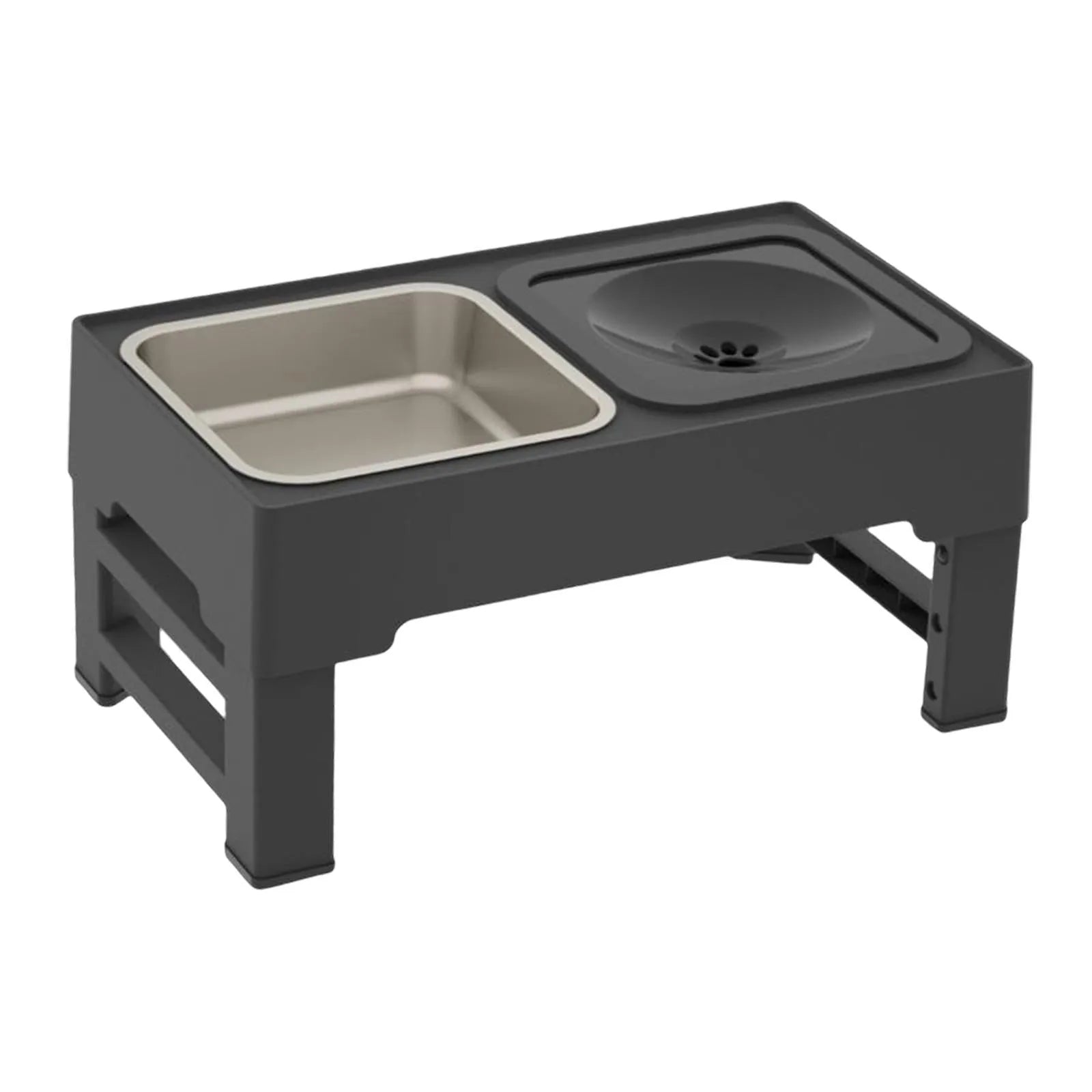 Adjustable height elevated dog feeding station with slow feeder bowl and water bowl on non-slip stand