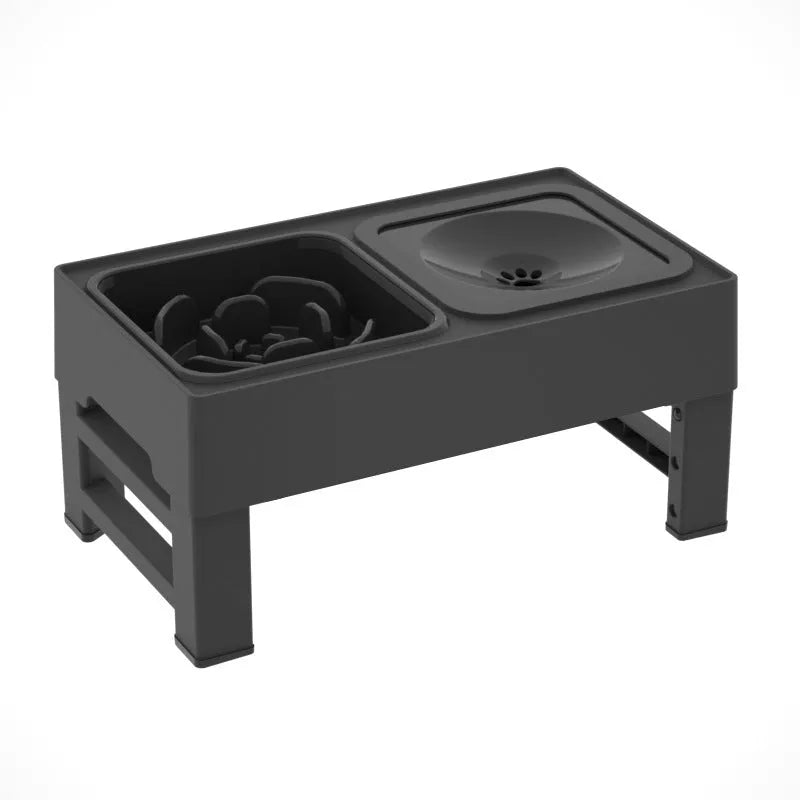 Adjustable height elevated dog feeding station with slow feeder bowl and water bowl on non-slip stand