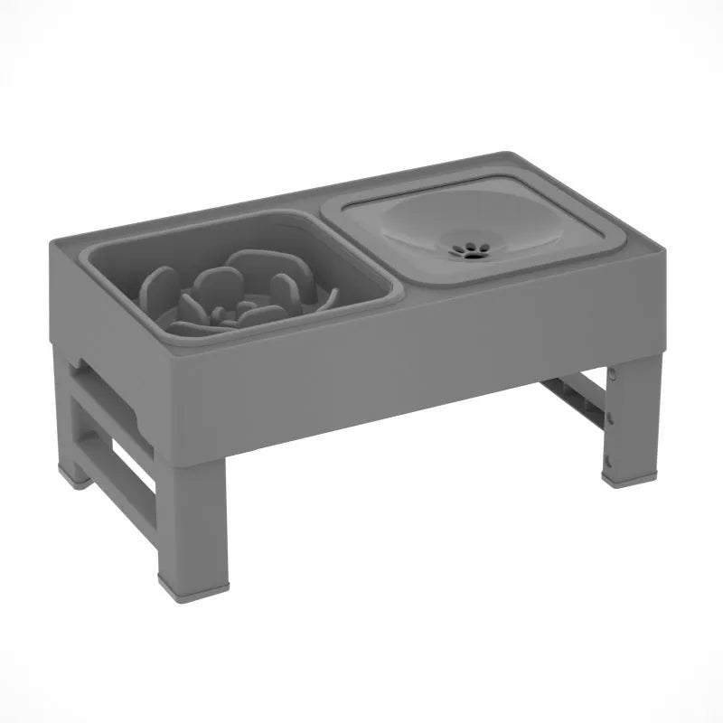 Adjustable height elevated dog feeding station with slow feeder bowl and water bowl on non-slip stand