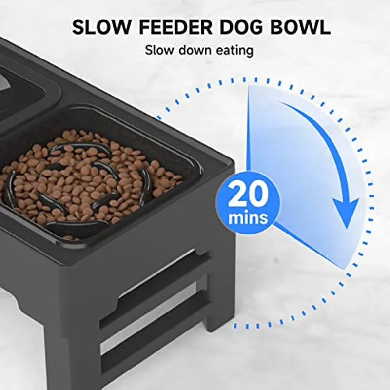 Adjustable height elevated dog feeding station with slow feeder bowl and water bowl on non-slip stand