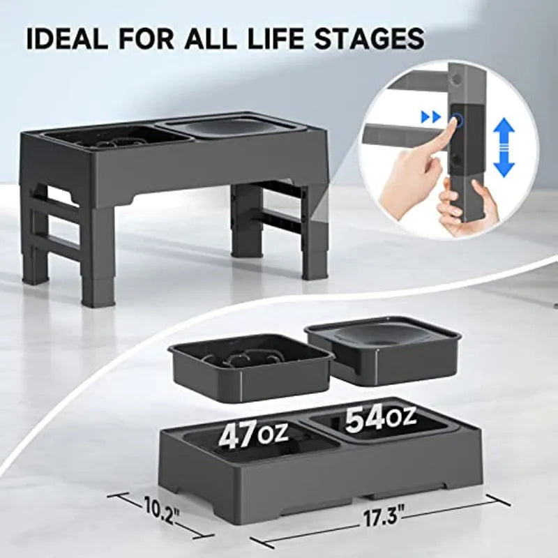 Adjustable height elevated dog feeding station with slow feeder bowl and water bowl on non-slip stand
