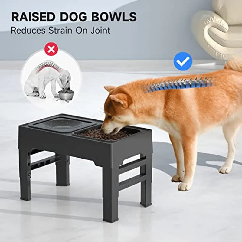 Adjustable height elevated dog feeding station with slow feeder bowl and water bowl on non-slip stand