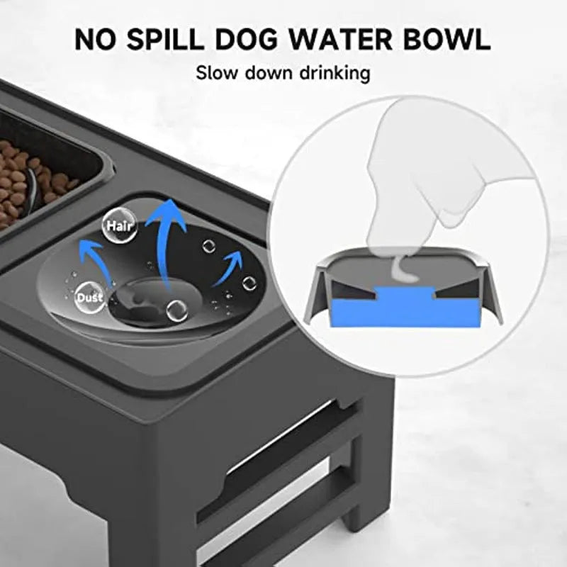 Adjustable height elevated dog feeding station with slow feeder bowl and water bowl on non-slip stand