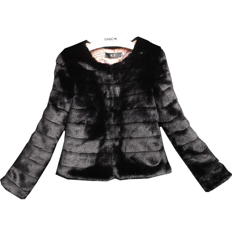 Women's short-length faux fur top in beige, black, or white on a size chart.