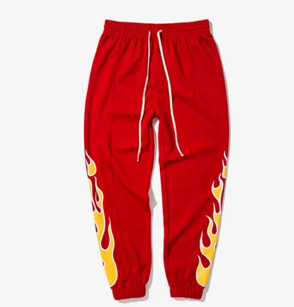 Hop flame print joggers for men and women in black, loose fit cotton blend sweatpants with red, blue flame pattern