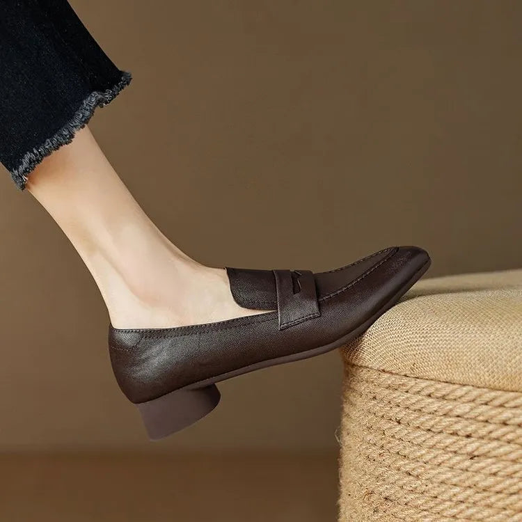 Women's retro pointed toe flat bottom slip-on loafers in black and brown with square toe and rubber sole