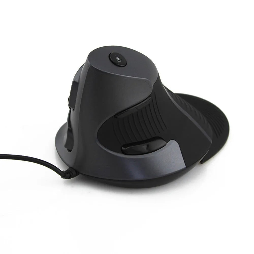 Black and white vertical ergonomic wired computer mouse showing handshake grip position