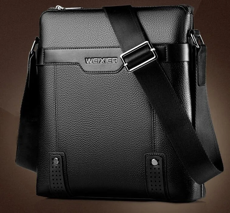 Men's fashion PU leather messenger bag with zipper closure in black, solid pattern, interior phone pocket