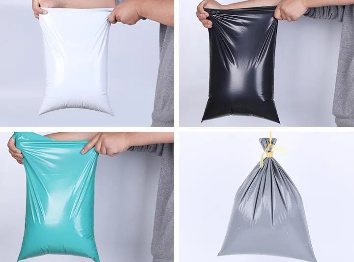 Clear plastic PE clothing courier bag with red sticker closure, showing size options.