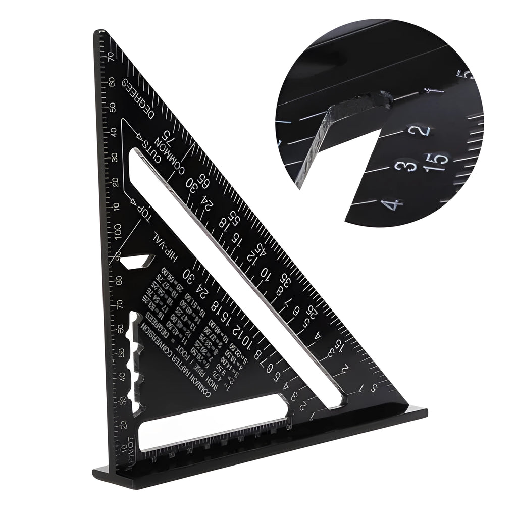 Black aluminium triangle ruler square showing 90 and 45-degree angles with measurement markings