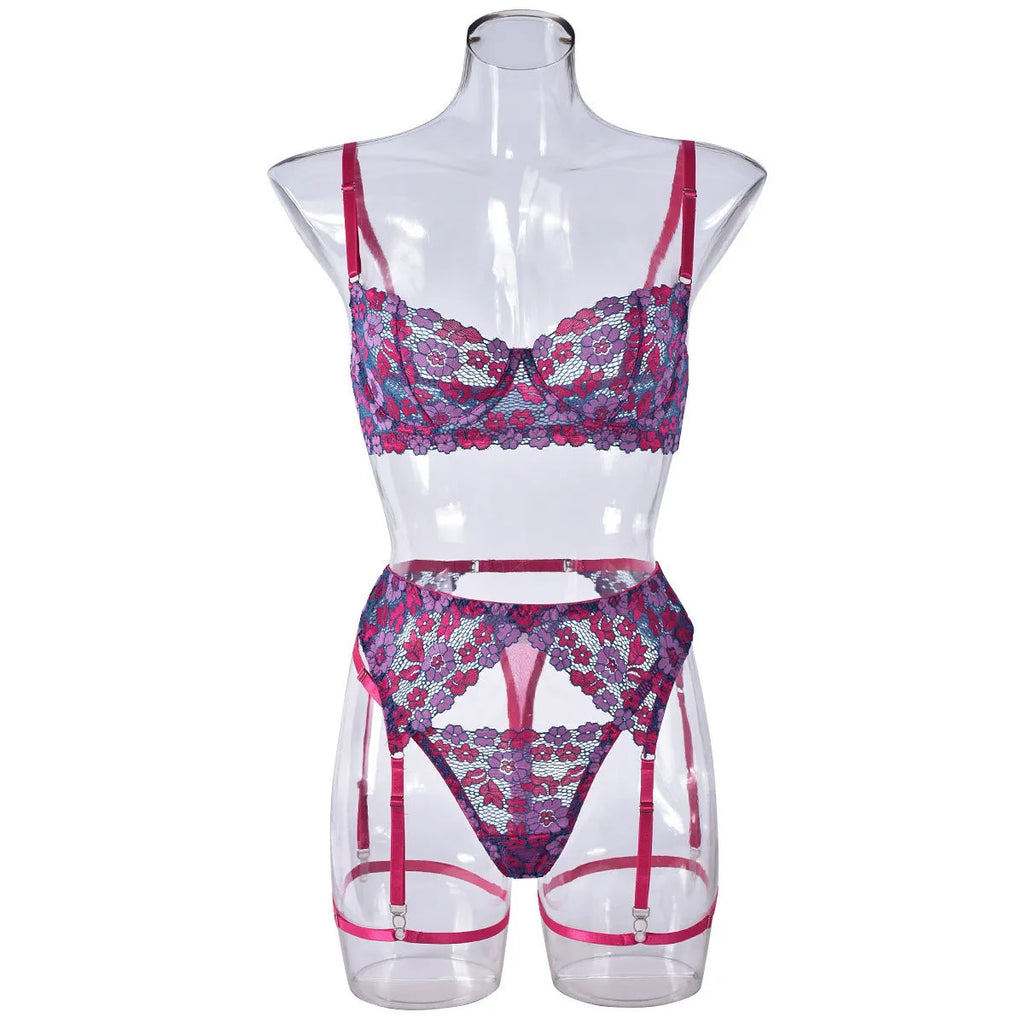 Rose red women's bikini with contrast embroidery detail, polyester fabric construction
