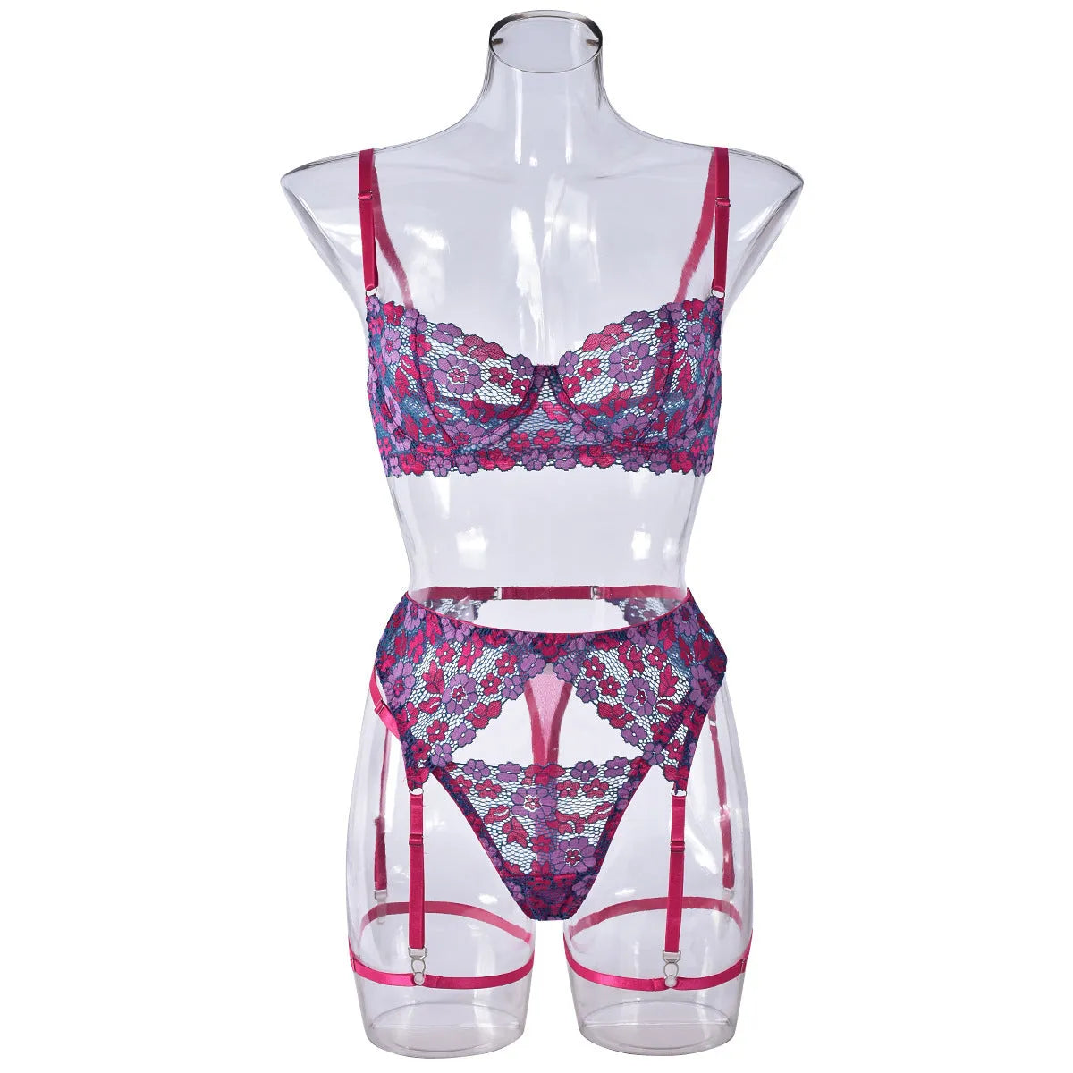 Rose red women's bikini with contrast embroidery detail, polyester fabric construction