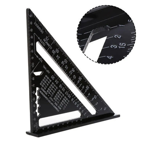 Aluminium alloy woodworking measuring square showing 90-degree angle and 0.1mm graduation markings