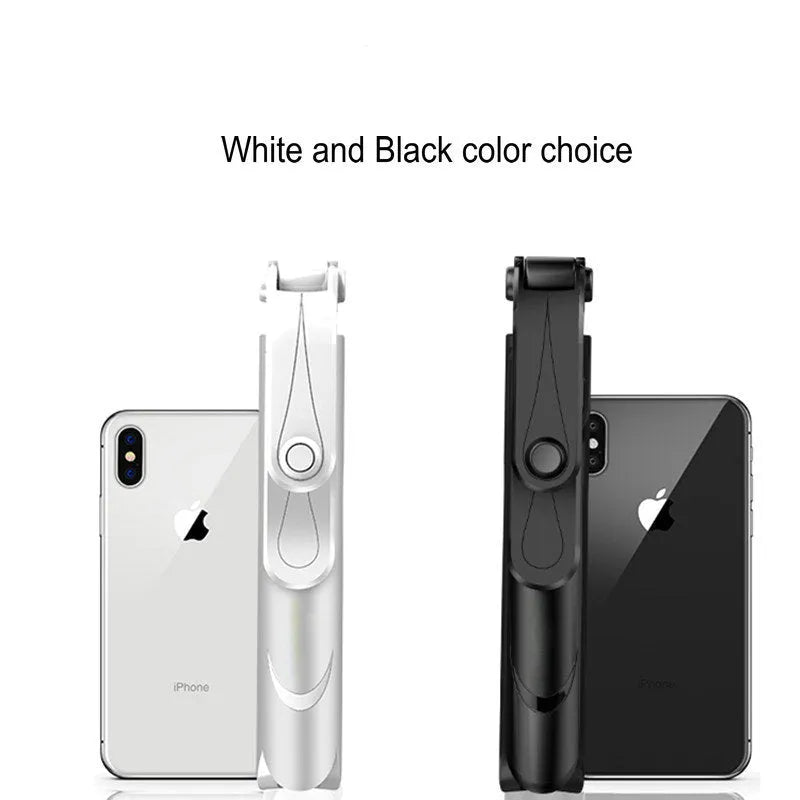 Bluetooth handheld selfie stick with wireless remote control in black and white, folded for portability