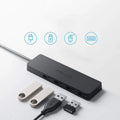 Black Anker USB 3.0 hub with four ports and 200mm cable, dimensions 30x107mm