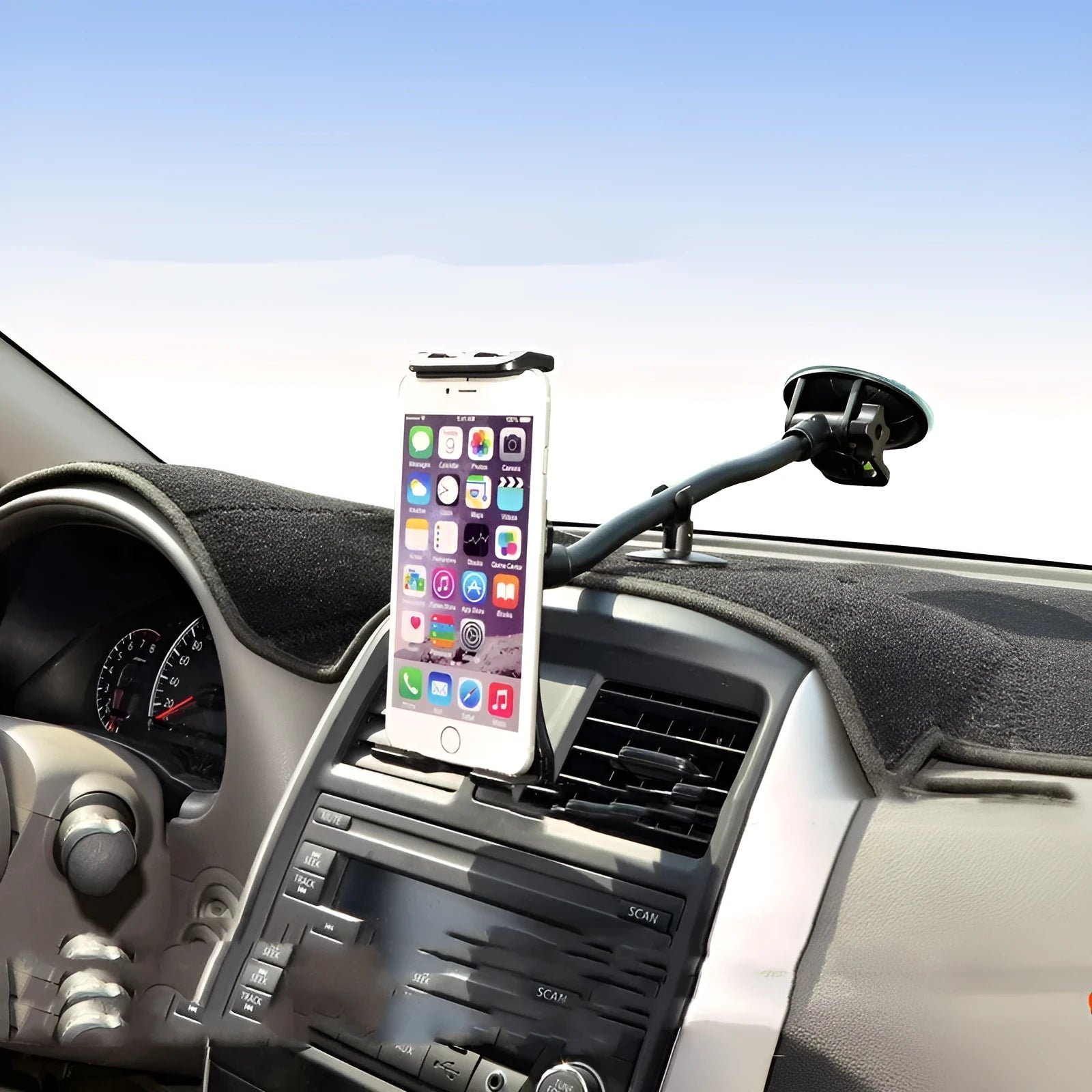 Black universal 4-12 inch vehicle-mounted tablet and mobile phone holder with long suction cup.