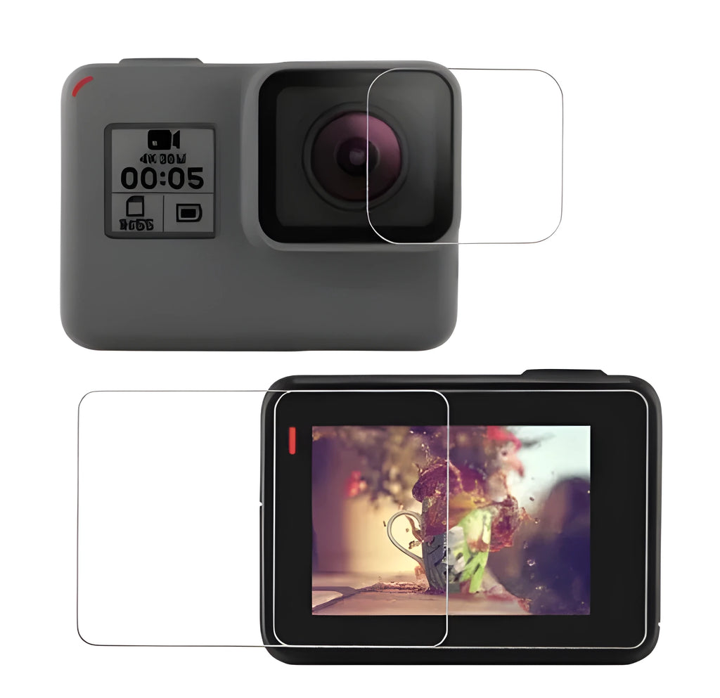 GoPro Hero 5 6 7 camera with transparent tempered glass lens and LCD screen protector films.