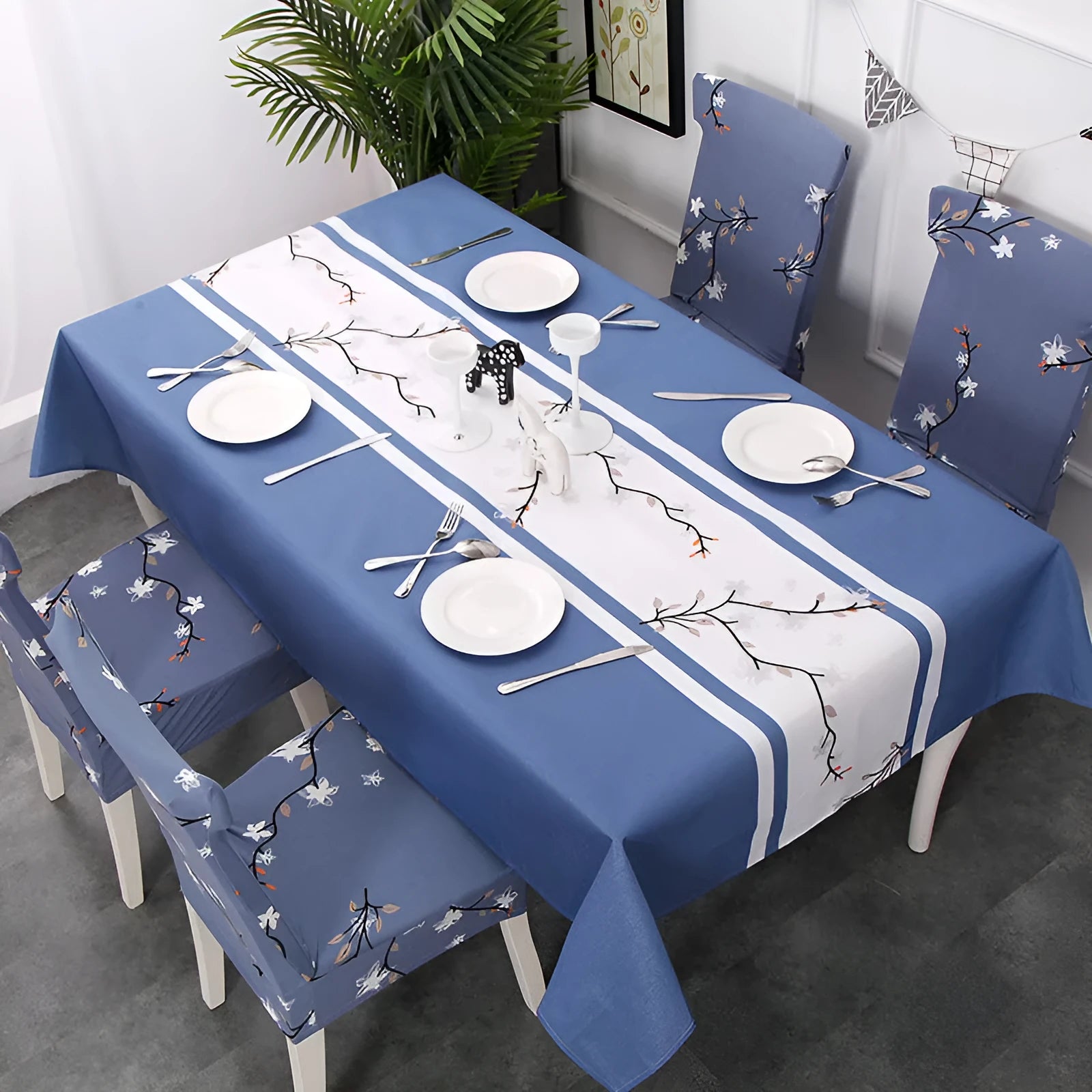 European style rectangular polyester tablecloth with Nordic antlers pattern on a wooden dining table