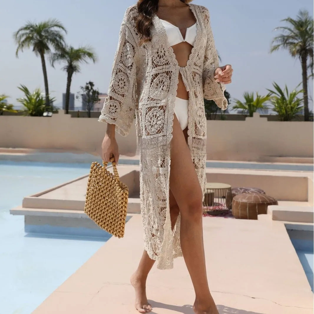 Apricot cotton beach cover-up set with long sleeves and embroidered detailing