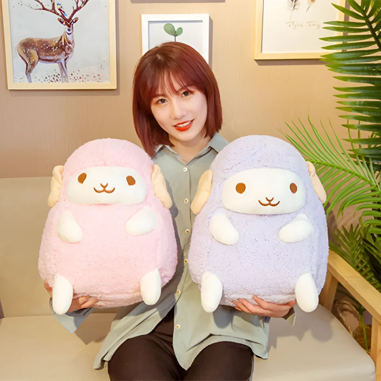 Cute sitting little sheep doll plush toy in pink colour with super soft short plush fabric