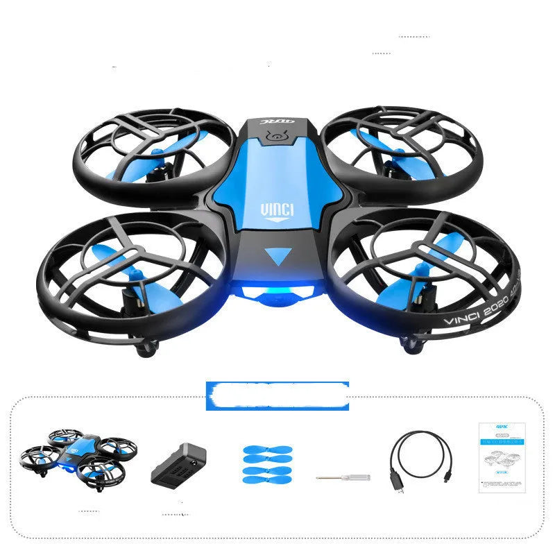 Blue V8 mini quadcopter RC drone with propellers, shown next to its remote control and storage net bag.