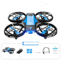 Blue V8 mini quadcopter RC drone with propellers, shown next to its remote control and storage net bag.